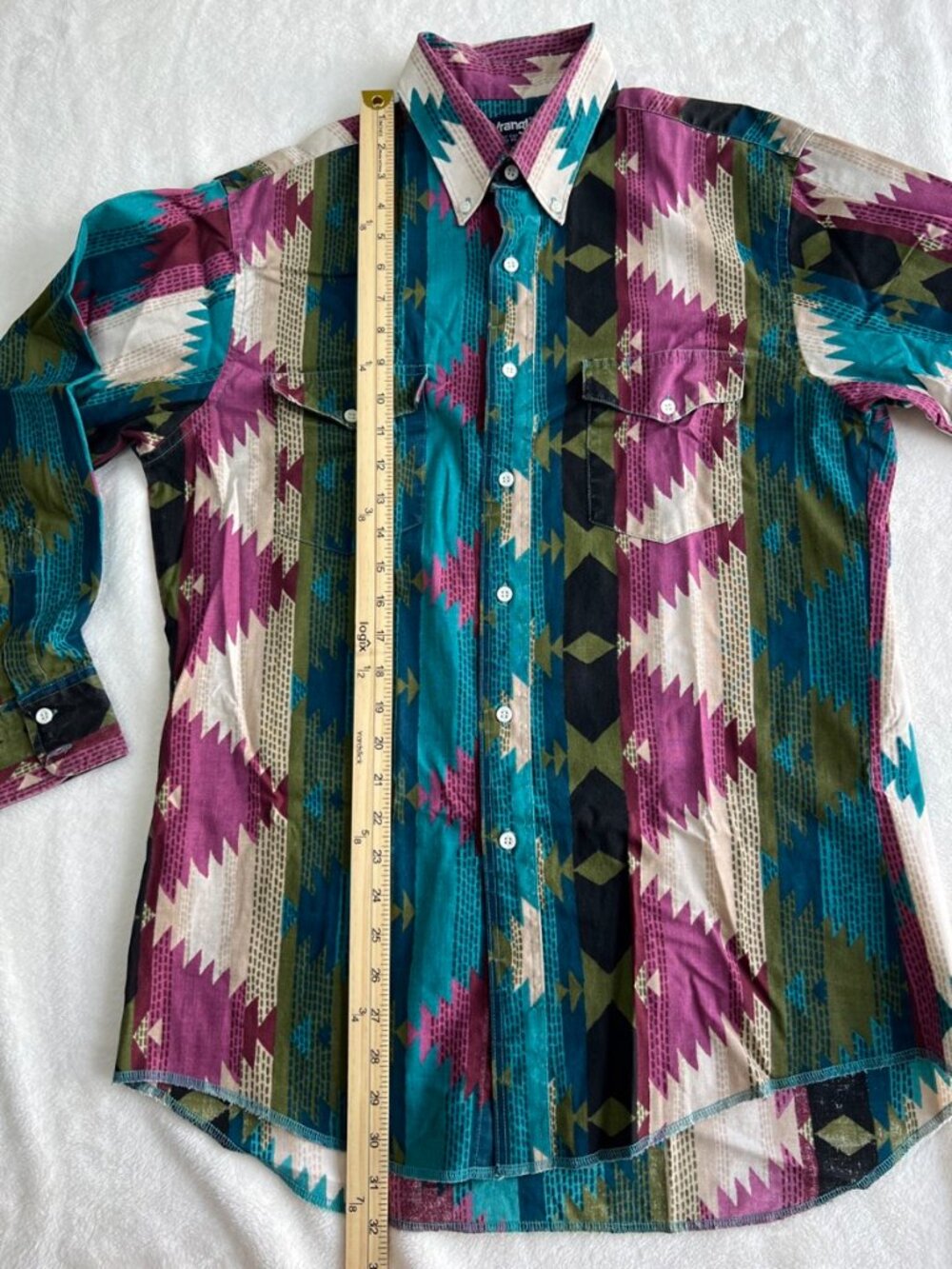 Vintage 90s Wrangler Cowboy Cut Aztec Southwestern Western Shirt USA 16.5 x 35 - Picture 6 of 6